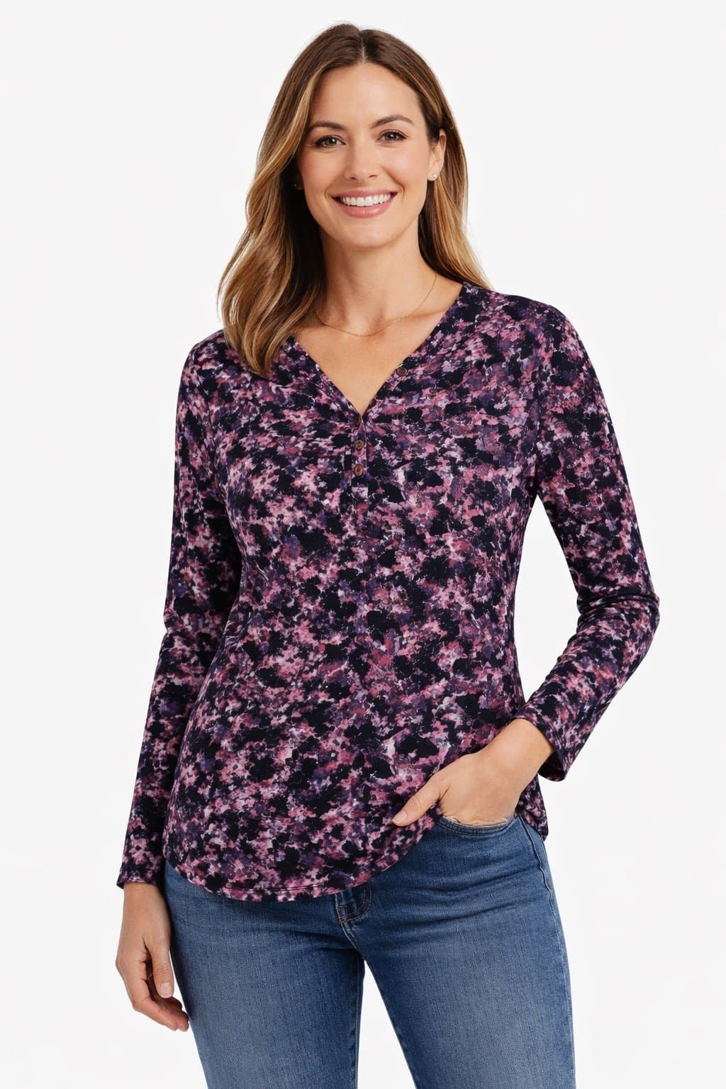 Relativity Small Floral Henley Top Black Pink Long Sleeve Casual Shirt Women S