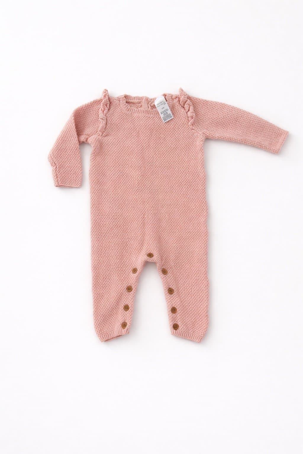 Pink Knit Baby Romper Ruffle Shoulder Cozy Outfit Boutique Style 0-3M / 3-6M