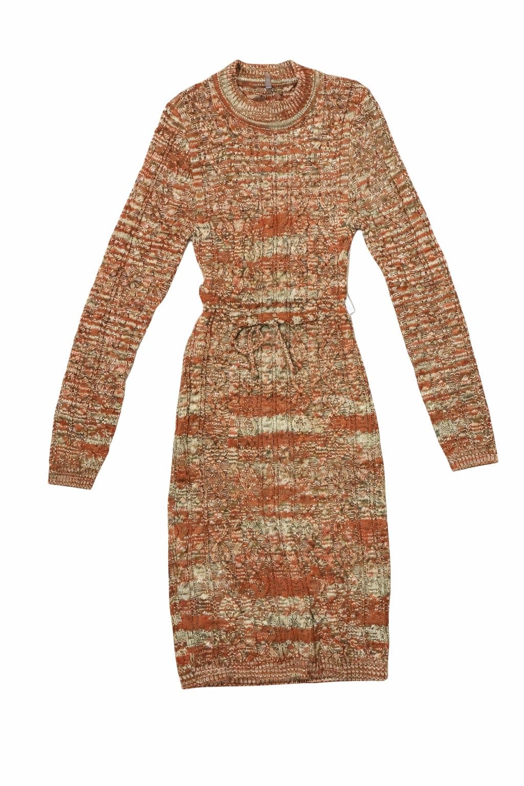 a ellen Knit Sweater Dress Rust Green Marled Long Sleeve Back Cutout Tie Boho