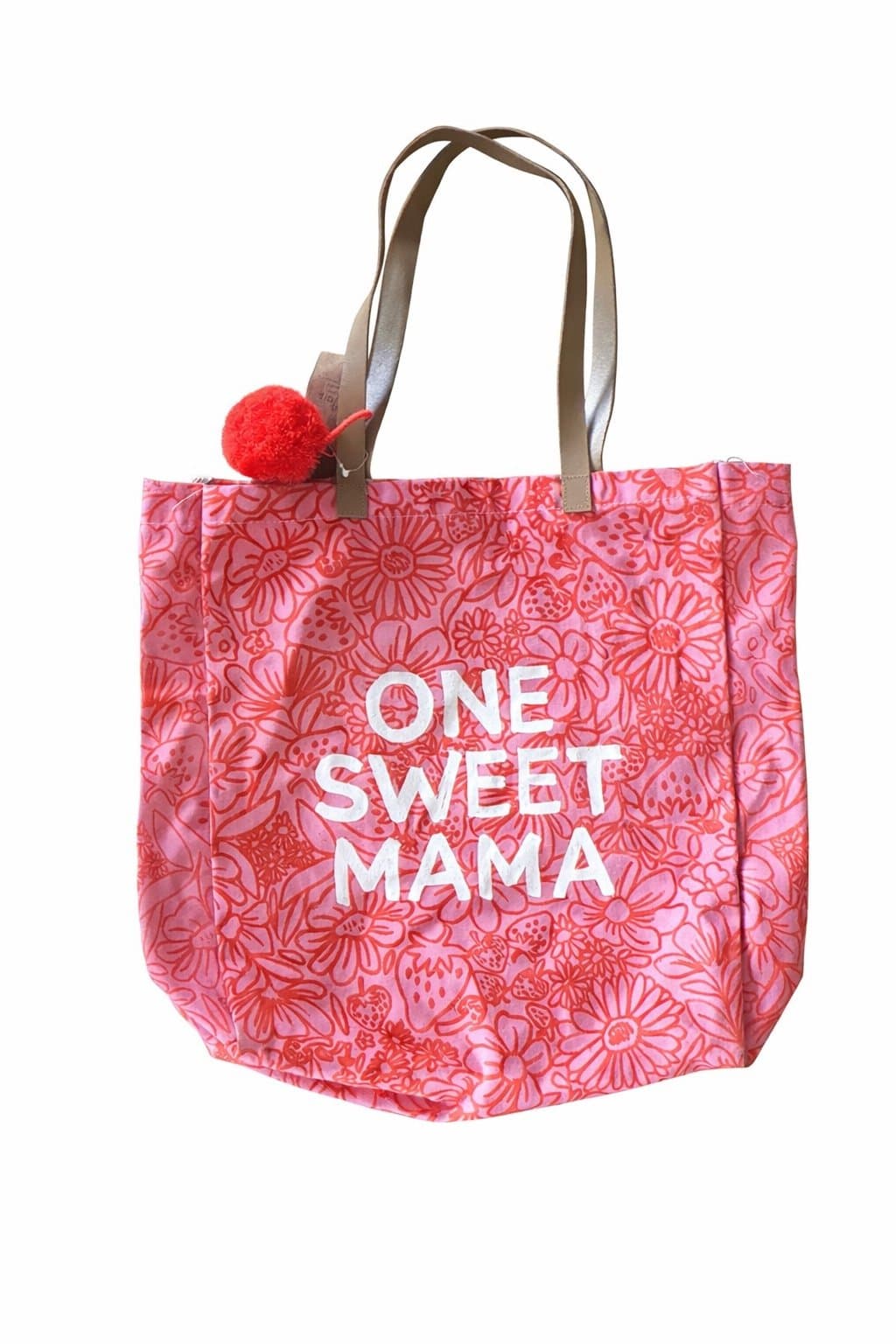 The Paper Curator “One Sweet Mama” Canvas Tote Bag Pom Pom Floral Strawberry NWT