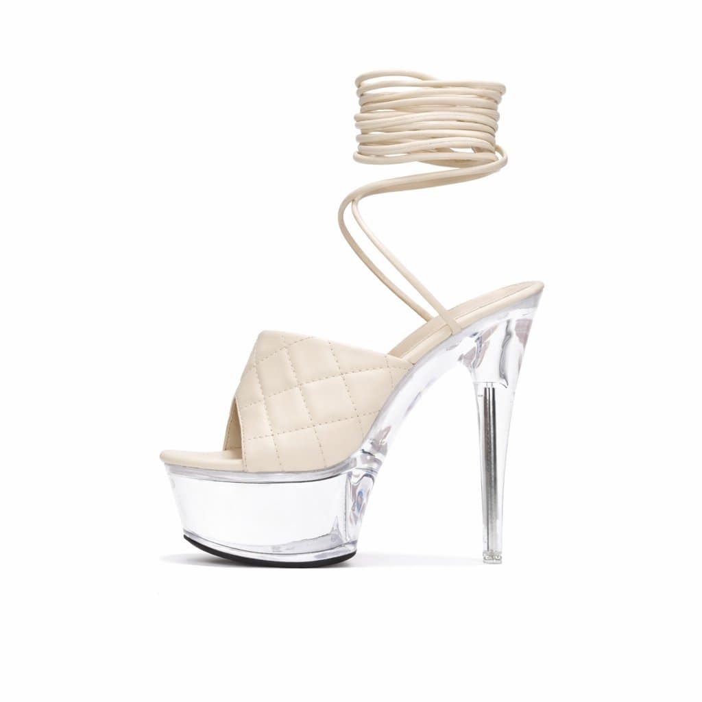 Cape Robbin Clear Platform Lace-Up Heels Quilted Cream Strap Size 9