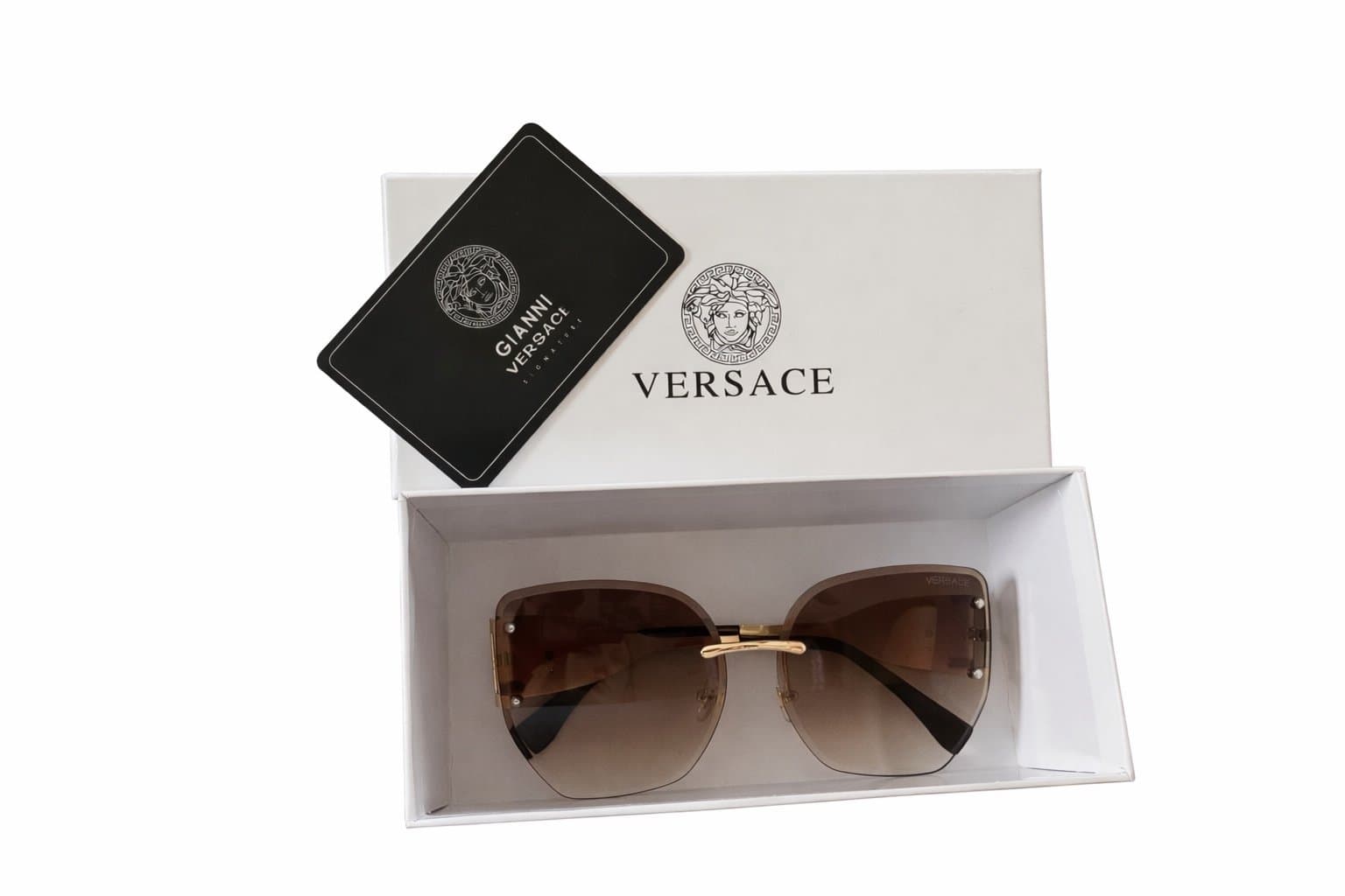 Versace VE2239 Rimless Oversized Sunglasses Gold Brown Gradient Y2K Italy