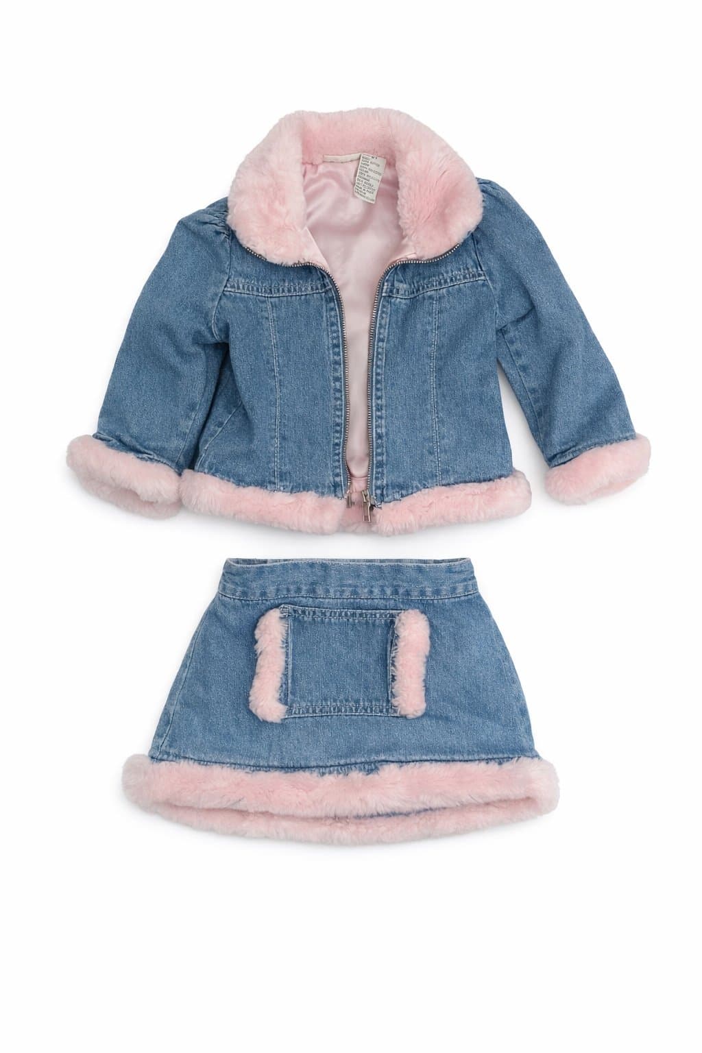 Cherokee Toddler Girls Denim Jacket & Skirt Set Pink Faux Fur Trim 2T Y2K