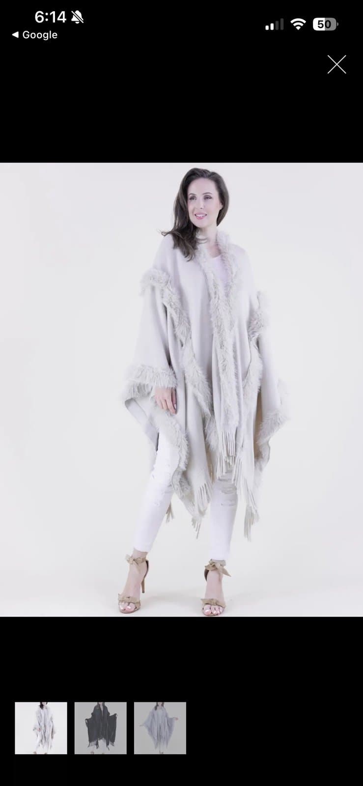 Original USA Faux Fur Trim Fringe Poncho Wrap Ivory Cream Boho Shawl NWT