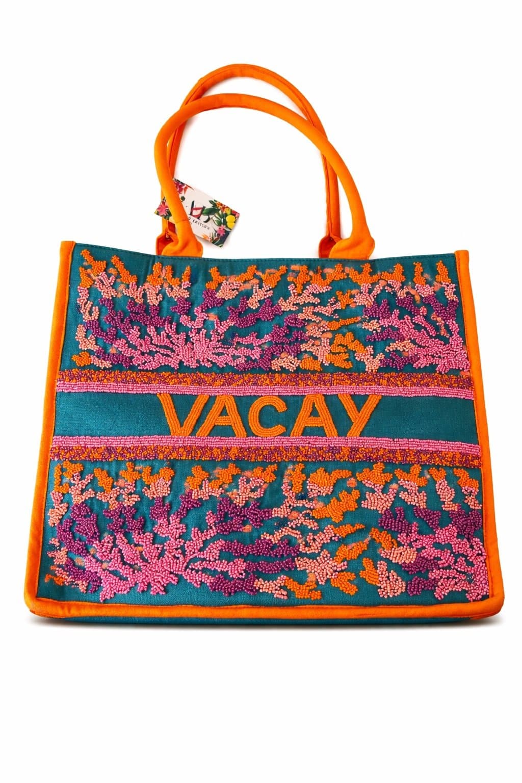 NWT A&B Limited Edition Beaded “VACAY” Tote Bag Teal & Orange Beach Travel Purse