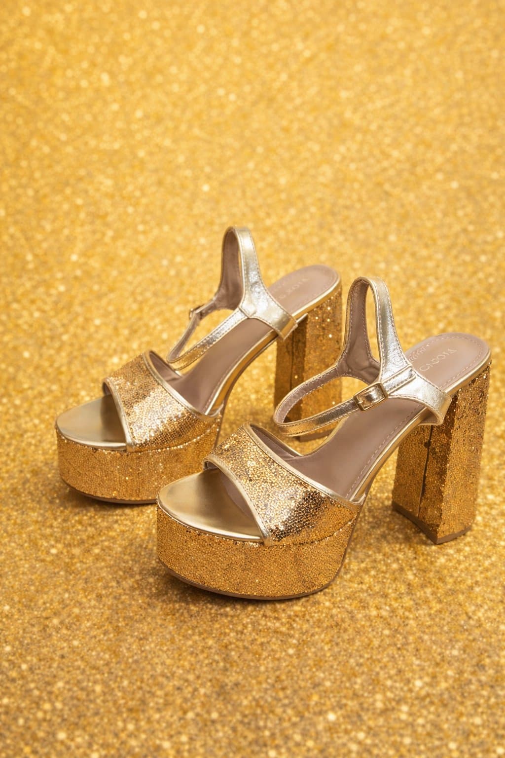 Top Moda Gold Platform Heels — Sequin Block Heel, Strappy Sandals size 8.5