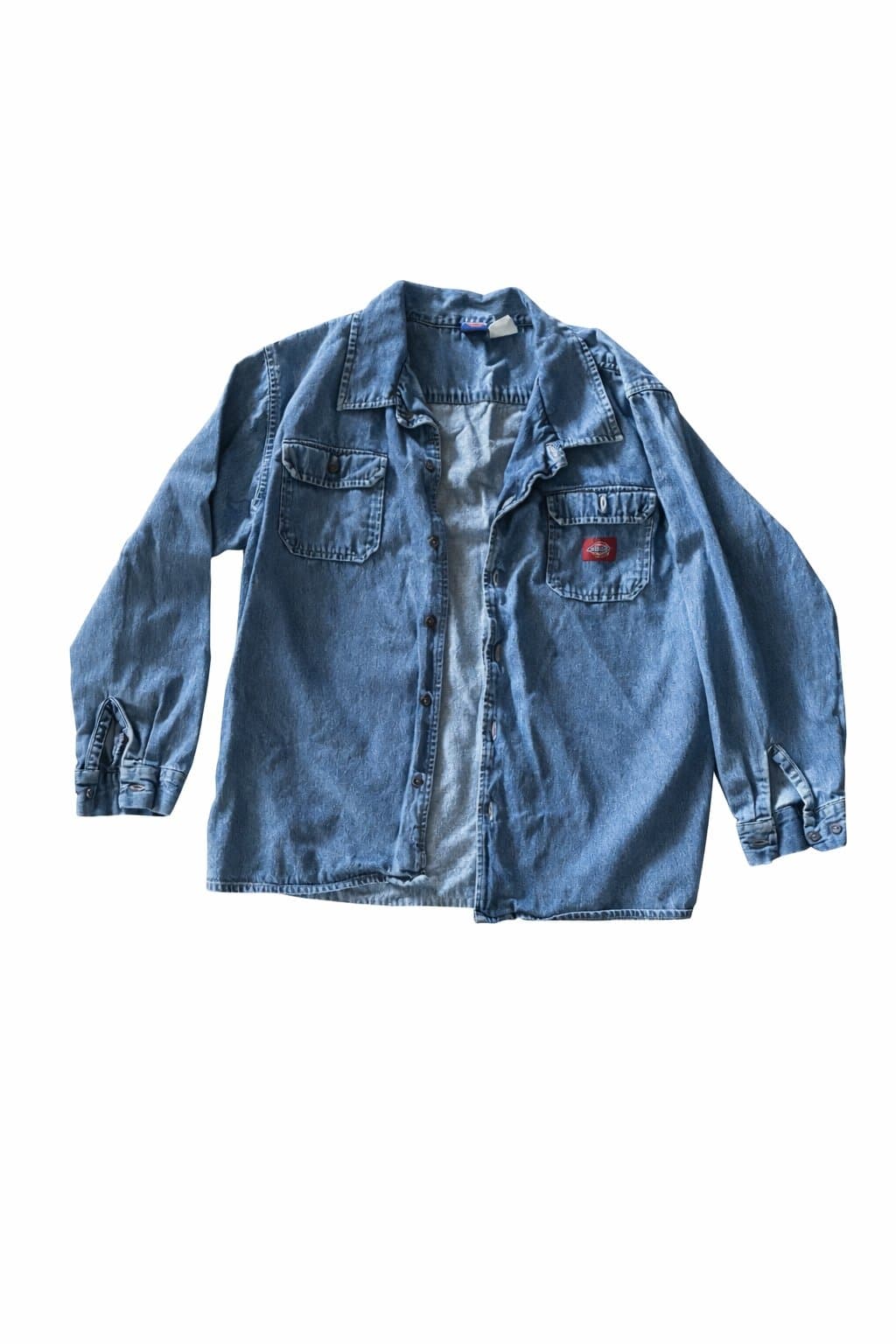 Vintage Dickies Denim Work Shirt Jacket Blue Button Front Logo Patch Workwear