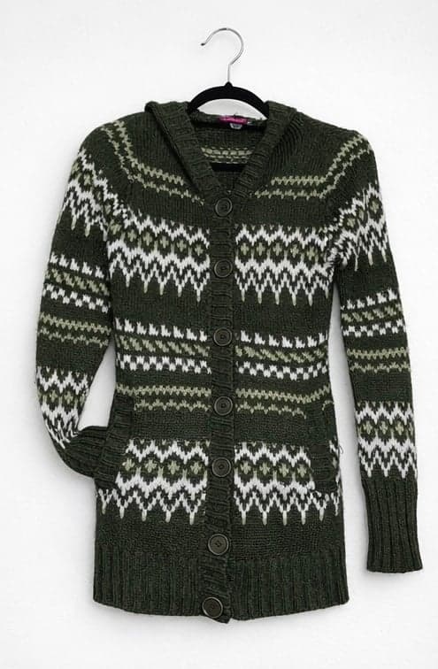 Say What? Hooded Green Fair Isle Knit Cardigan Sweater Women’s Size S