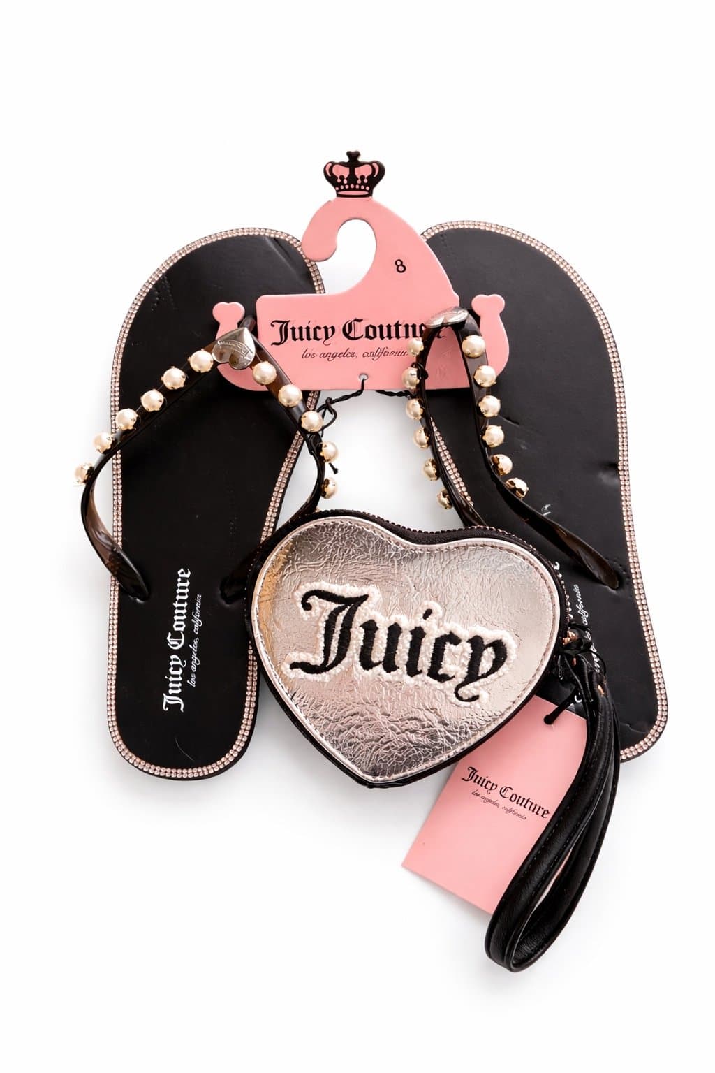 Juicy Couture Flip Flops w/ Heart Wristlet Set – Black & Silver, Size 8, NWT