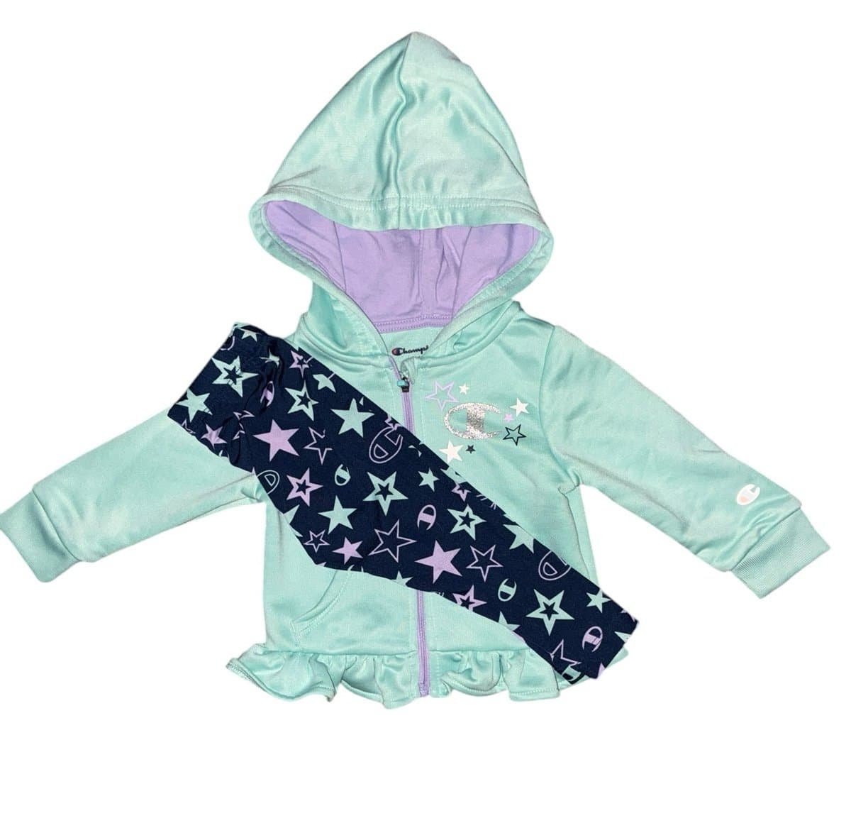 Champion Toddler Girls 2PC Set 18M Hoodie & Leggings Stars Mint Green Purple