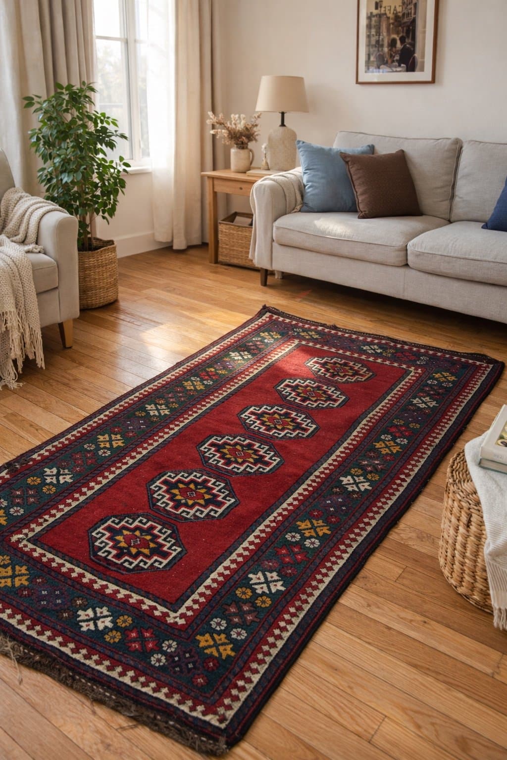 Vintage Kazak Rug 4x6 Hand Knotted Wool Tribal Caucasian Red Geometric Carpet