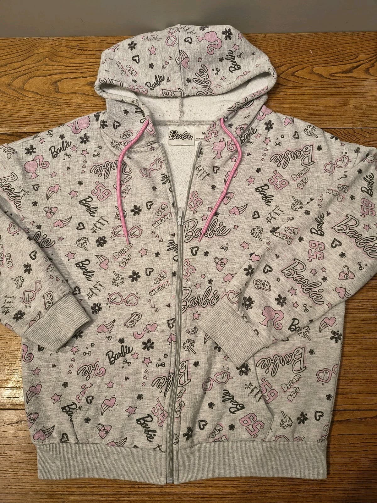 Barbie Jacket Hoodie Grey Pink Print Hoodie Zip Women Barbiecore Size Medium