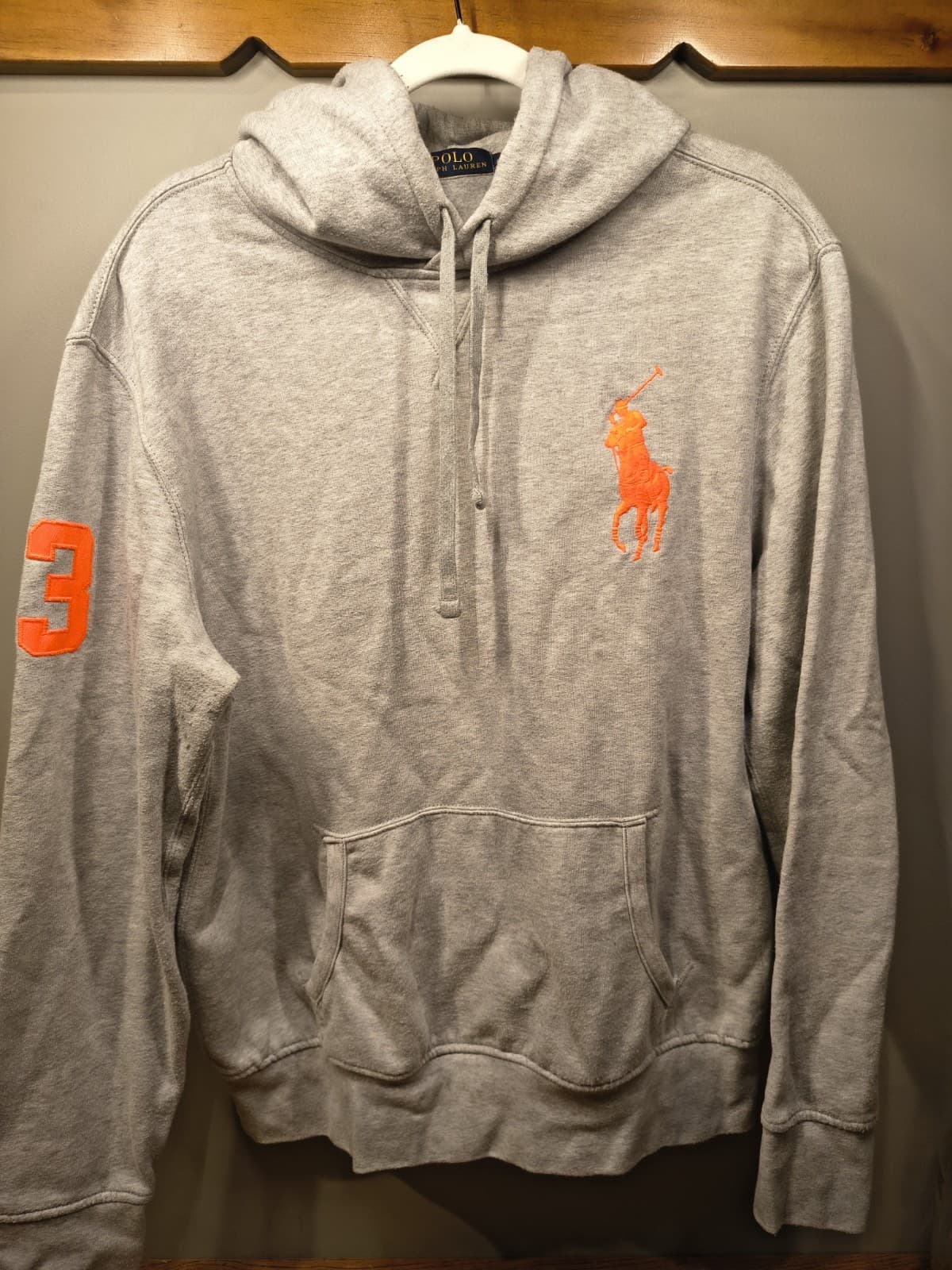 Polo Ralph Lauren Big Pony Hoodie Mens L Grey Orange Pullover Sweatshirt 3 Patch
