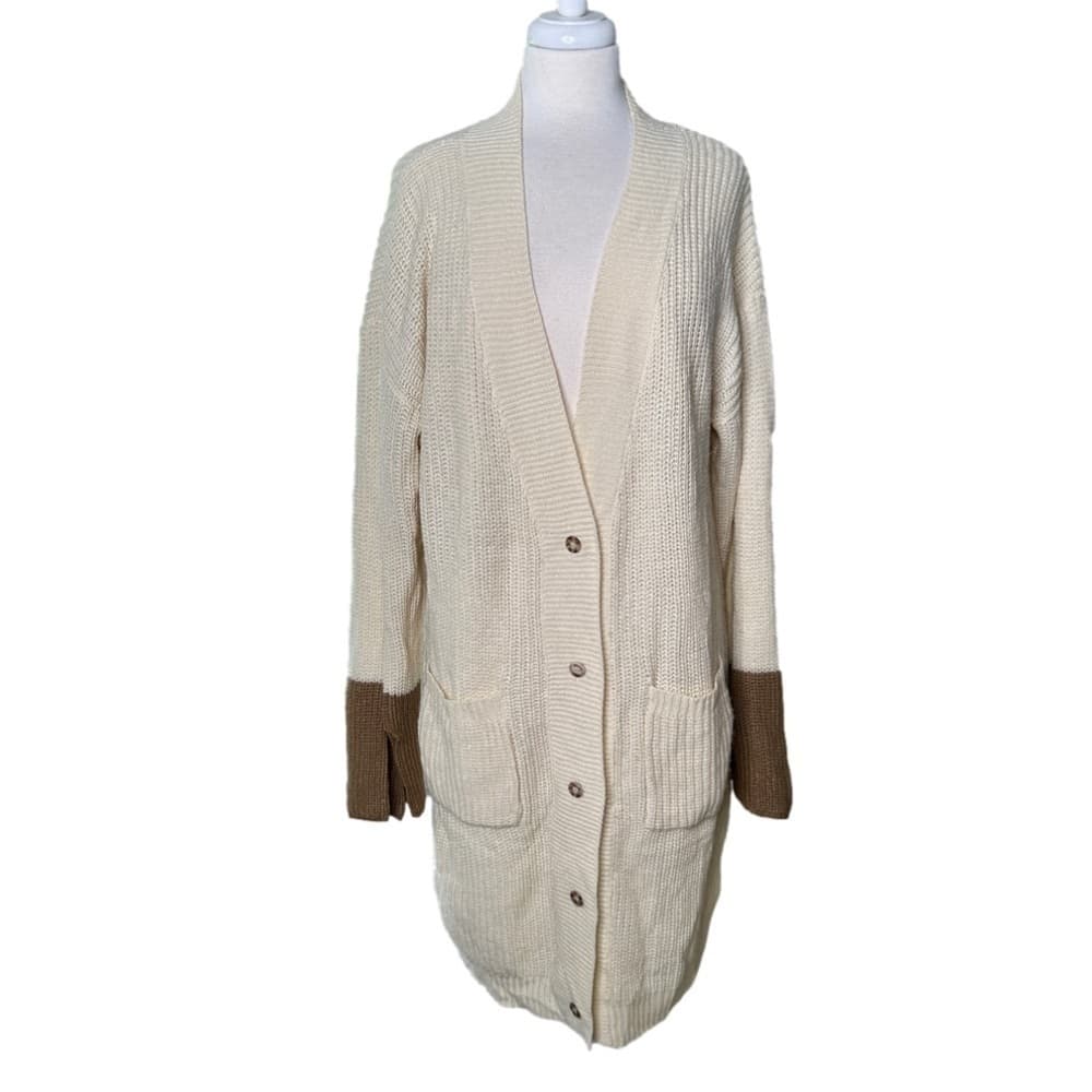 Maverick Size S Cream & Brown Oversize Long Button Up Cardigan