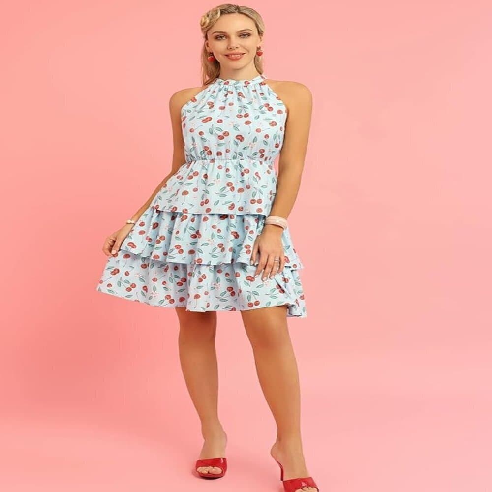 Belle Poque Elegant Retro High Neck Blue Cherry Sleeveless Dress Size 2XL NWT
