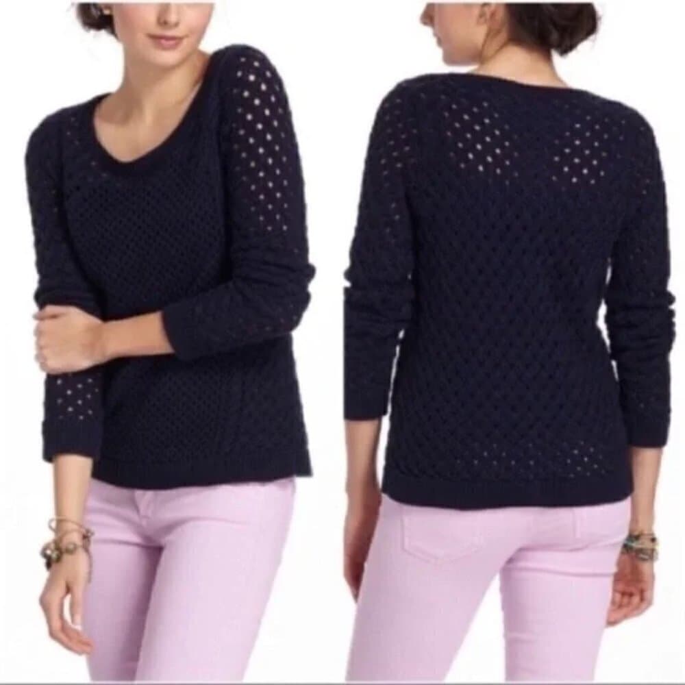 ANTHROPOLOGIE Moth Medley Stitched Navy Blue Loose Knit Sweater Size S