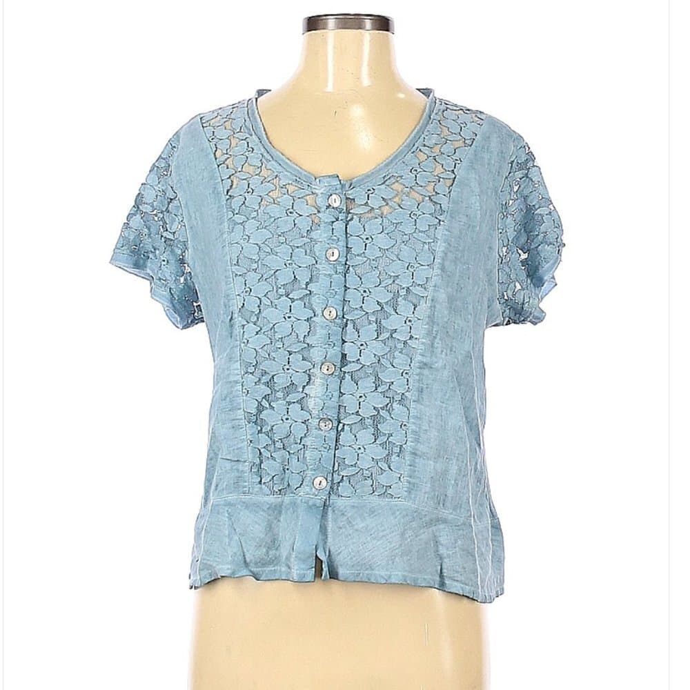 MALOKA Blue Linen Lace Short Sleeve Top Size 6