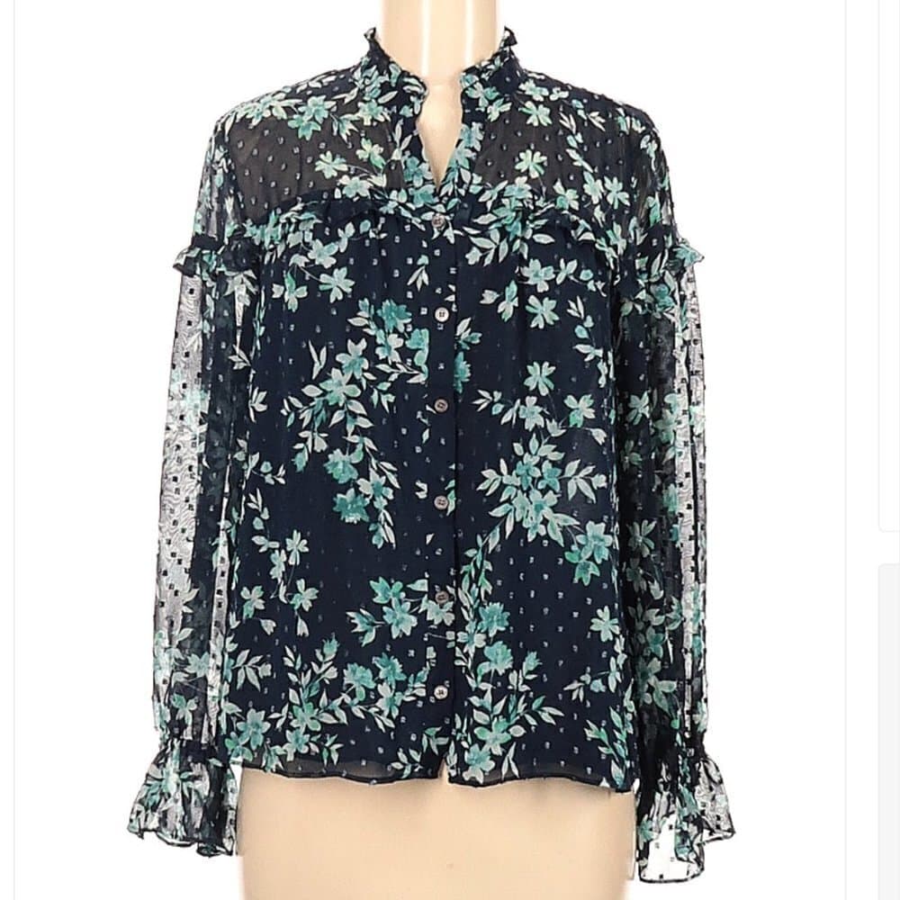 Cece Long Sleeve Blue Floral Blouse Size M