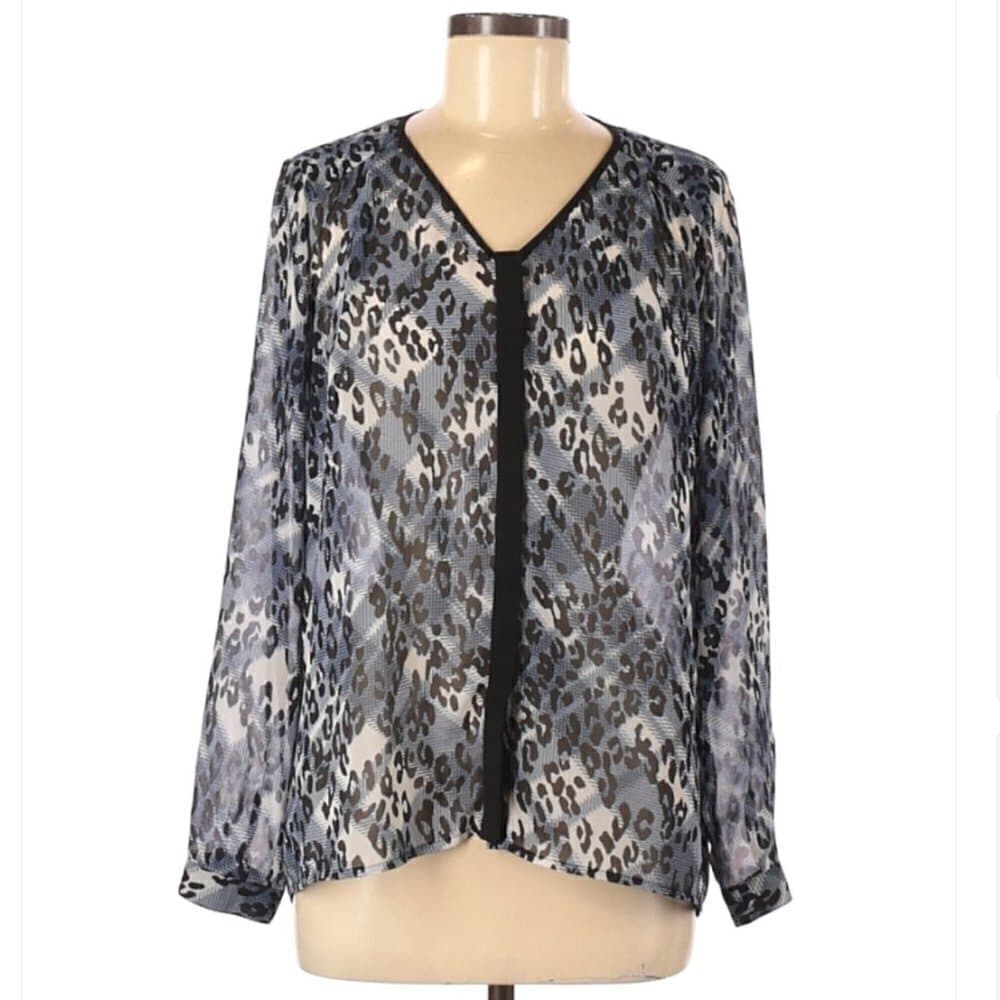 CABI Long Sleeve Sheer Blue & White Animal Print Blouse Size XS