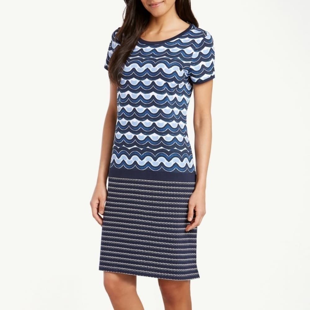 Tommy Bahama Navy Blue & White Wave Short Sleeve Shift Casual Dress Size S