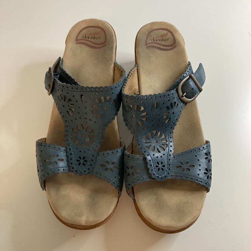 Dansko Sapphire Blue Leather Laser Cutout Buckle Slip on Sandals, Wooden Size 41