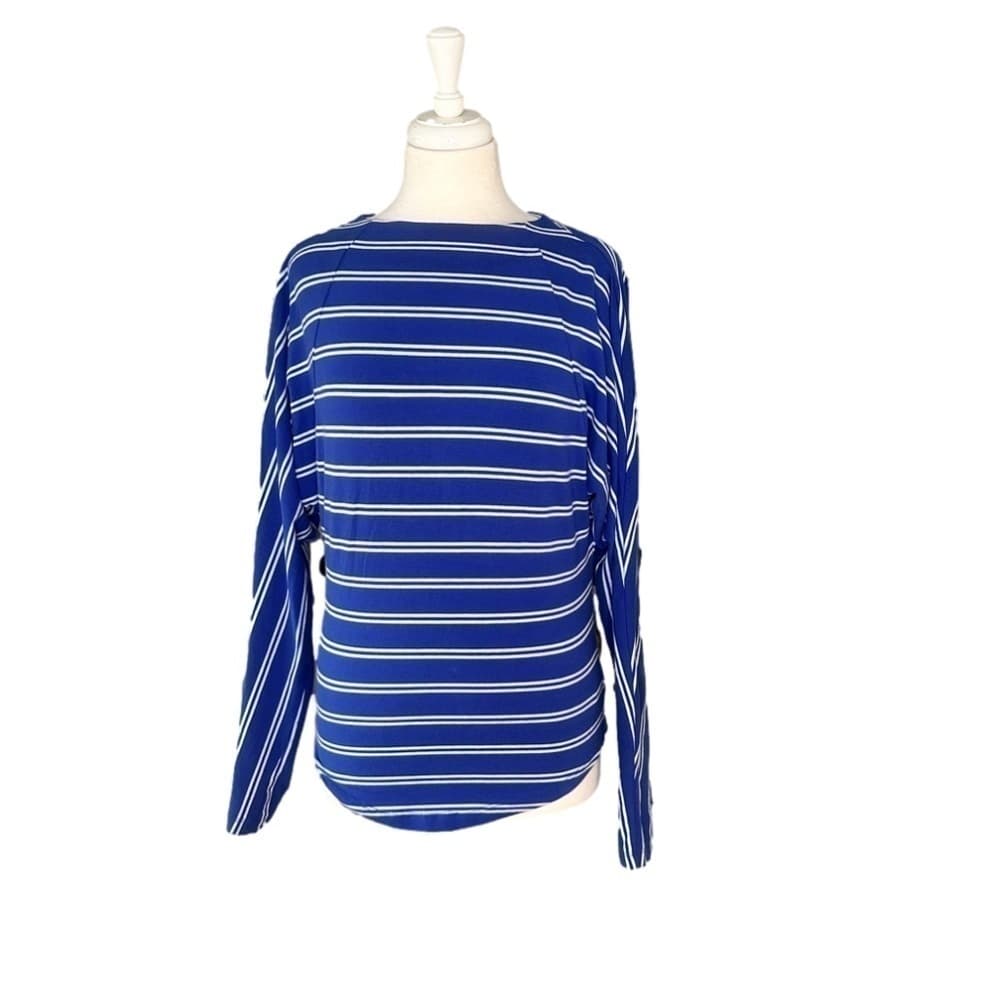 FREE People Size S Blue Stripe High Neck Keyhole Back Long Sleeves