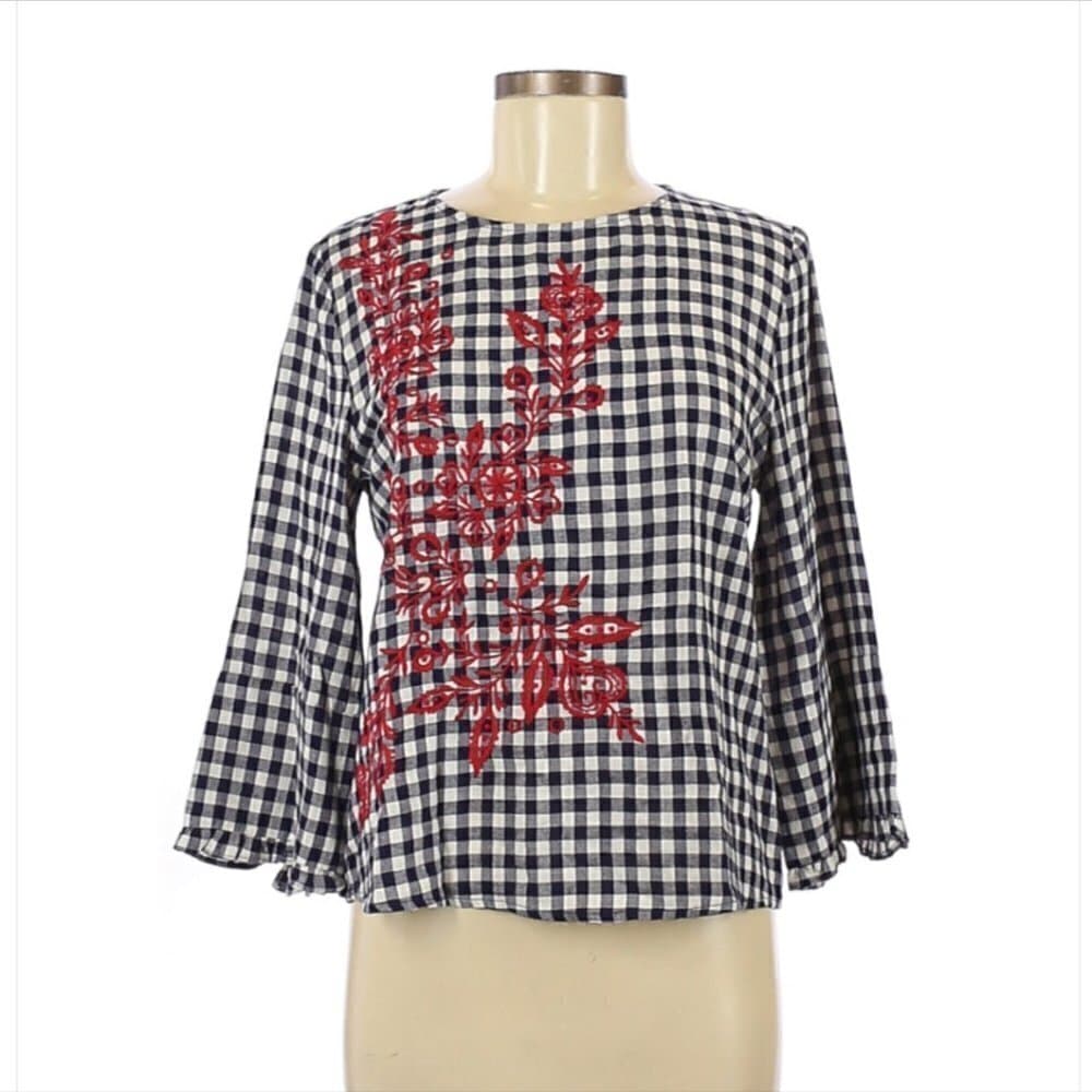 current Air Preppy Blue & White Gingham Long Sleeve Blouse Size S