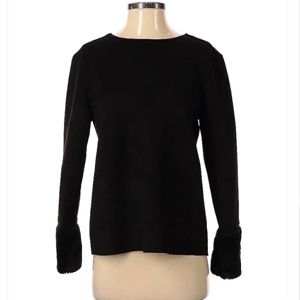 CATHERINE Malandrino Faux Leather & Fur Black Long Sleeve Top Size S