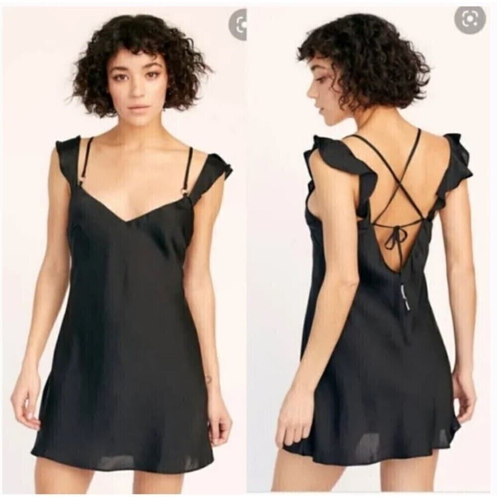 Free People What I Want Mini Slip Dress Small Black Flutter Sleeve Size XS
