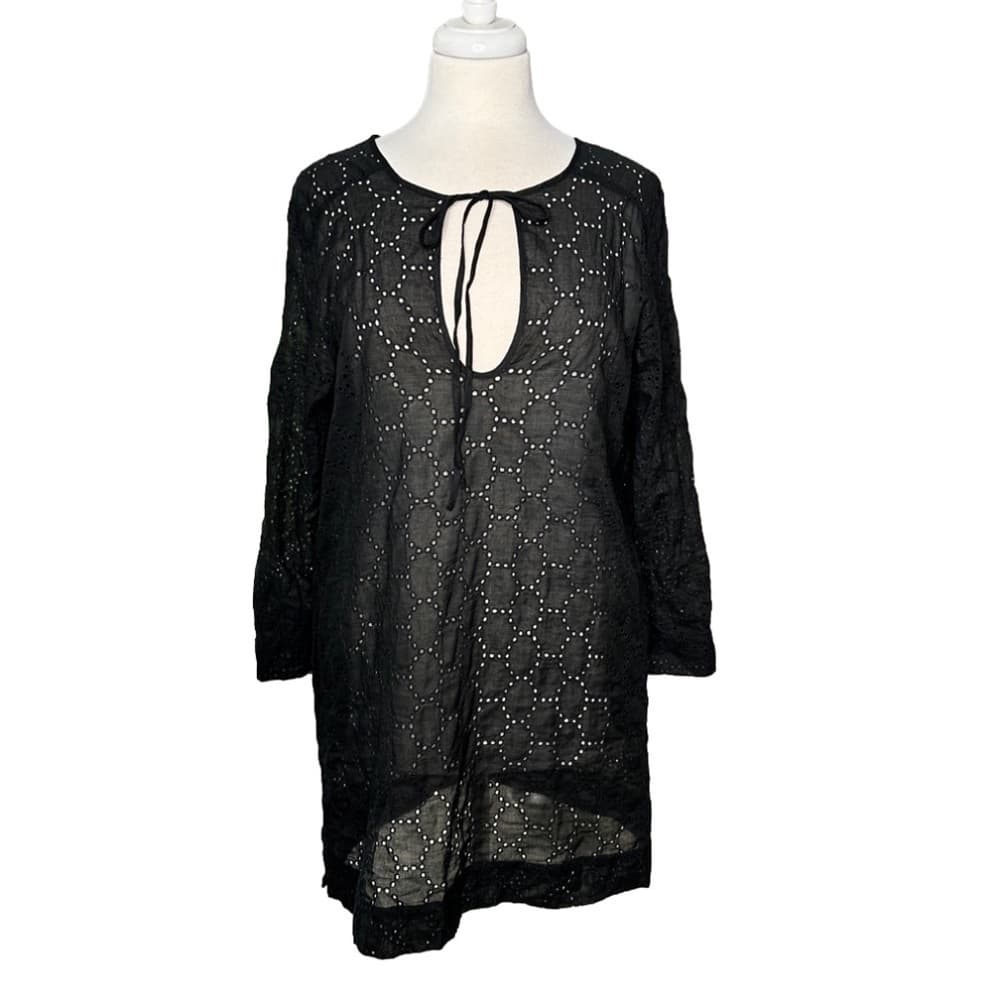 Echo Black Eyelet Long Sleeve Dress Beach Swim Summer Cover-Up Size L