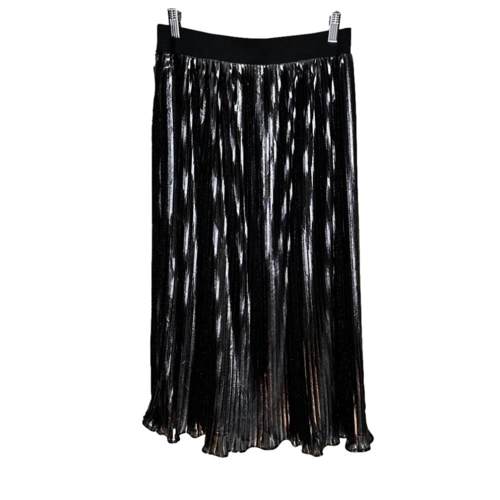 Aqua Size L Black Metallic Pleated Pull On Midi Skirt Party Holiday Brunch Date