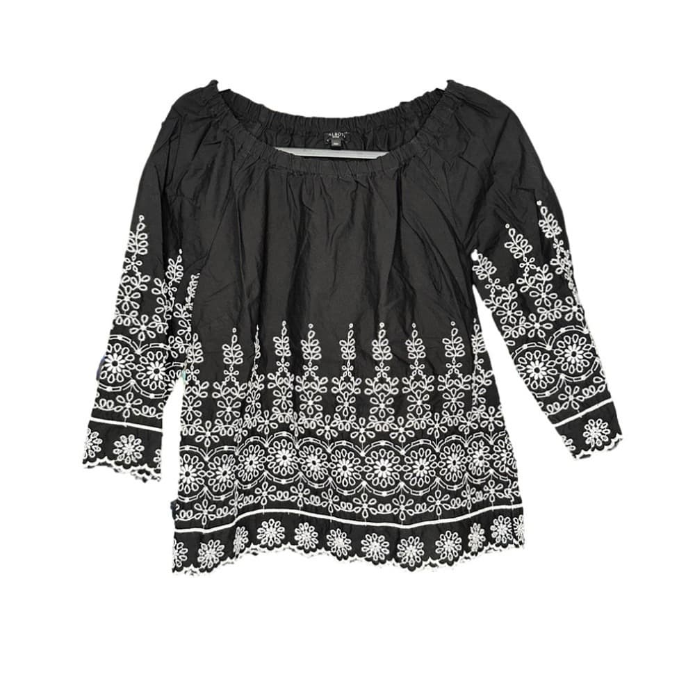 TALBOTS Size MP Black & White Embroidered 3/4 Sleeve Top