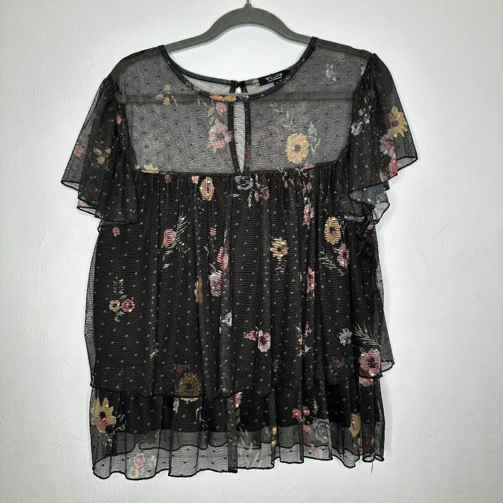 WILLOW Young Contemporary Black Floral Print Mesh Top Size 1X