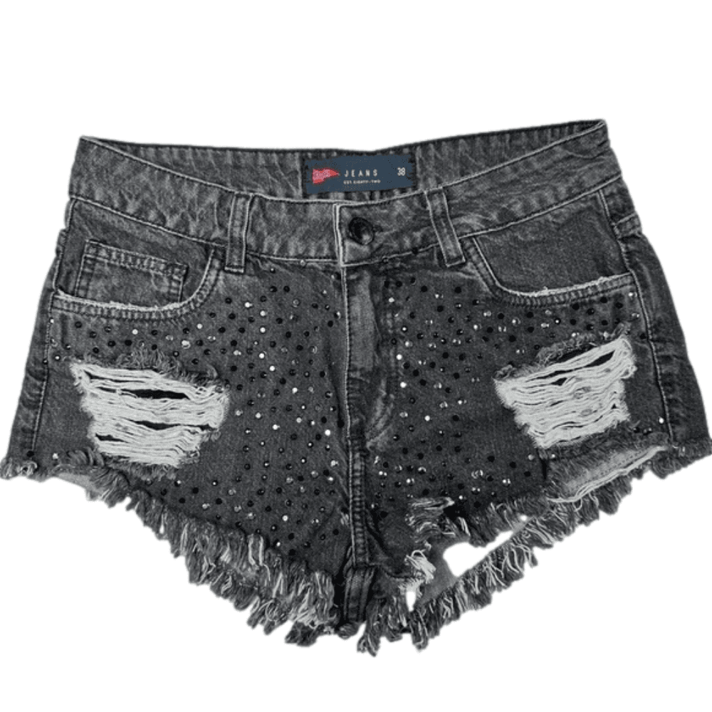 Pool Denim Jeans Cheeky Beaded Faded Black Shorts Size EU 38 (US 6)