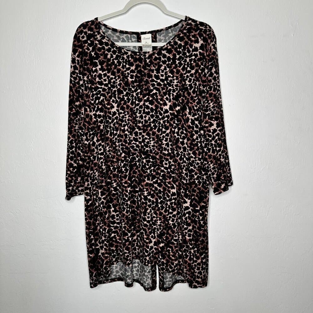 Soma Tunic Top Women XL Brown Soft Jersey Split Back 3/4 Sleeve Animal Print