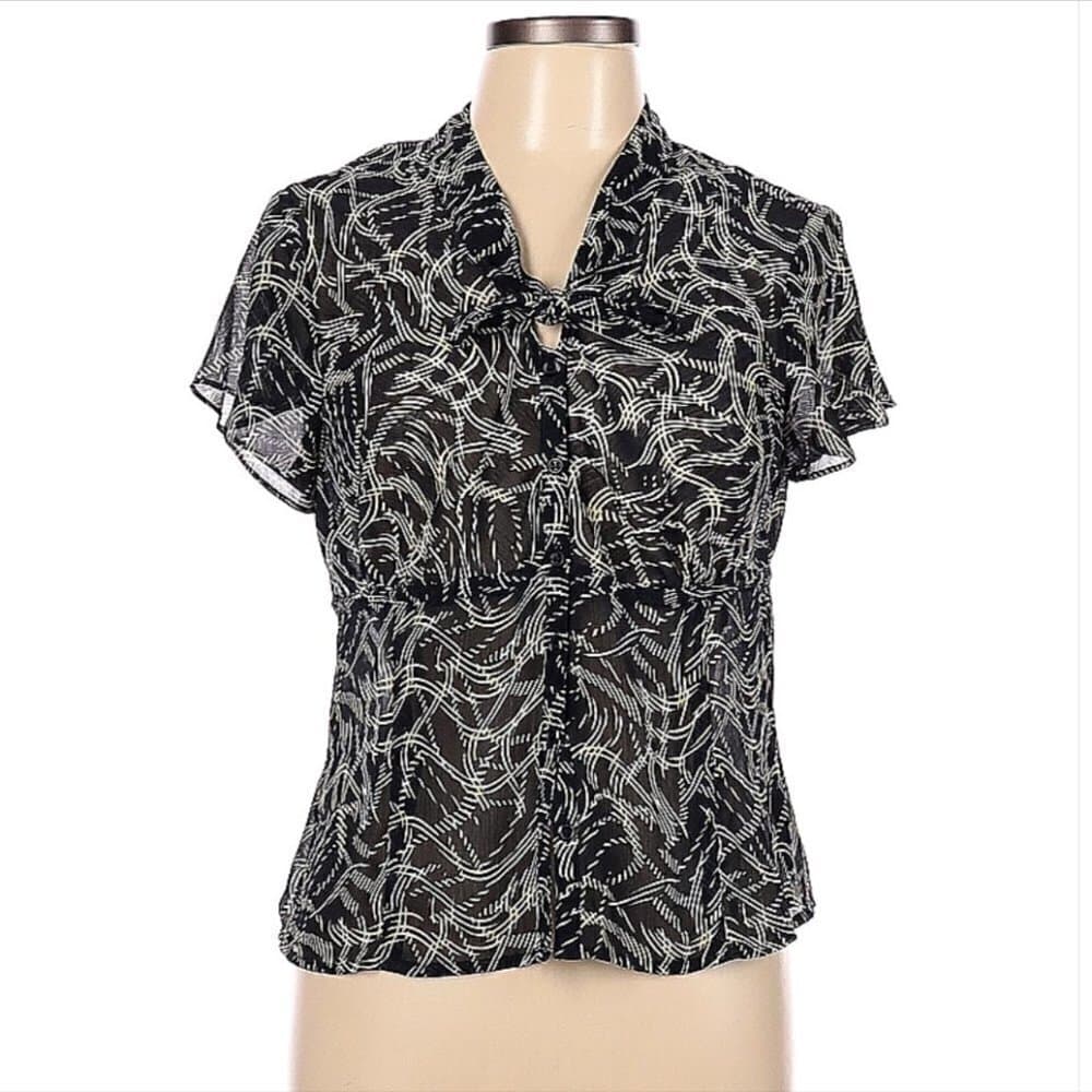 JONES Wear Short Sleeve Sheer Black & White Blouse Size 12 (Petite)