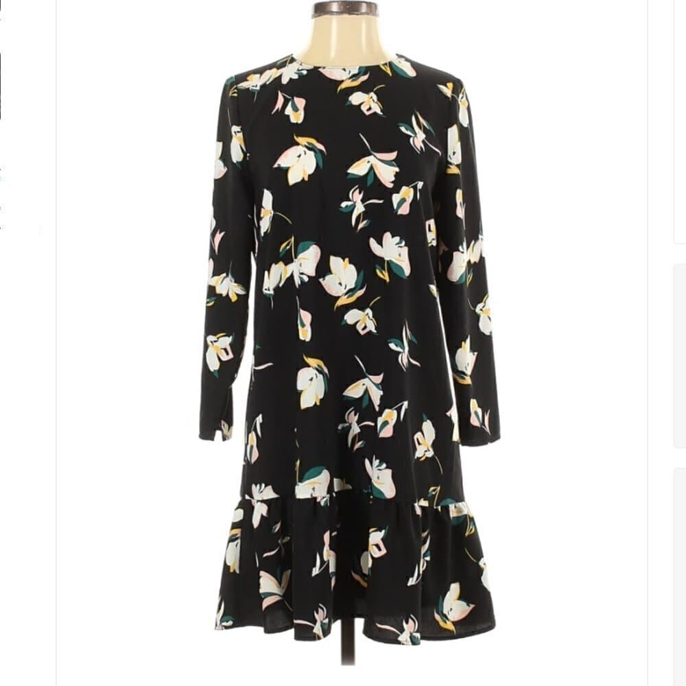 HALOGEN Long Sleeve Black Floral Drop Waist Dress Size S