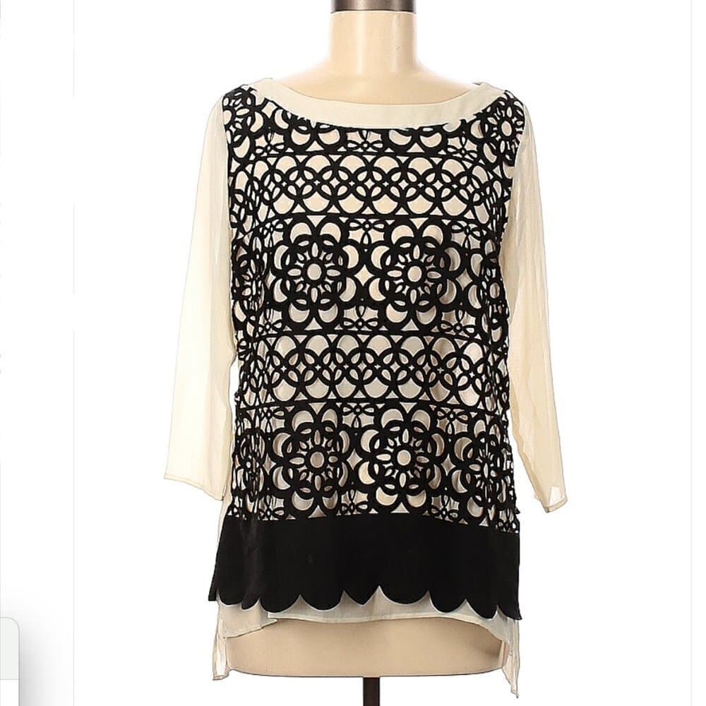 ATINA Cristina Cream & Black 3/4 Sleeve Sheer Blouse Size M
