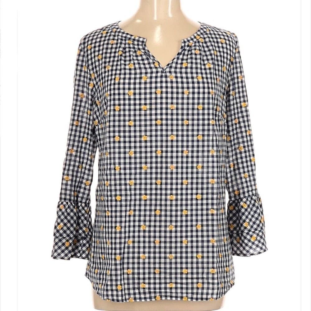 TALBOTS Yellow Flower Buffalo Check Print Long Sleeve Blouse Size M