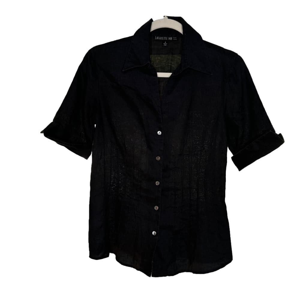 LAFAYETTE 148 Black Linen Button Down Short Sleeve Top Size 4