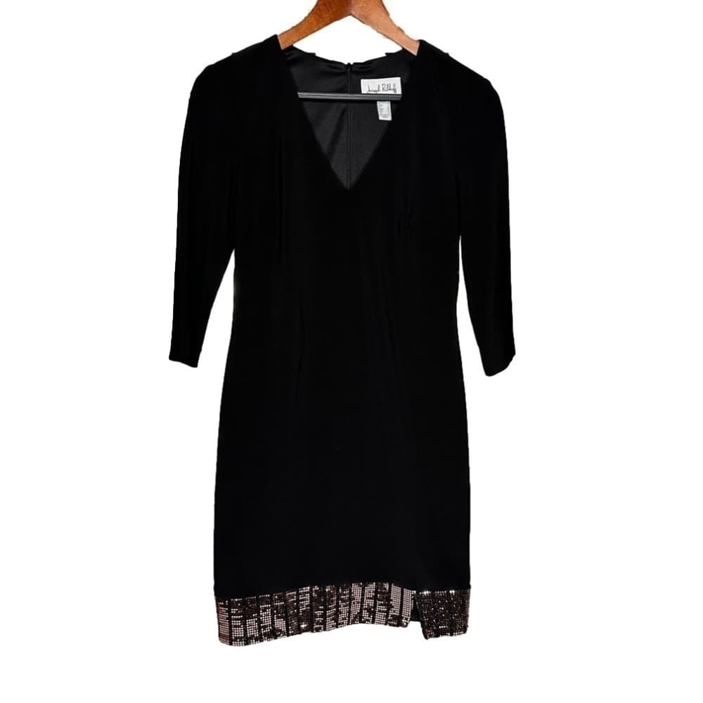 Joseph Ribkoff Size 8 Black with Rose Gold Sparkle 3/4 Sleeve V-Neck Dress