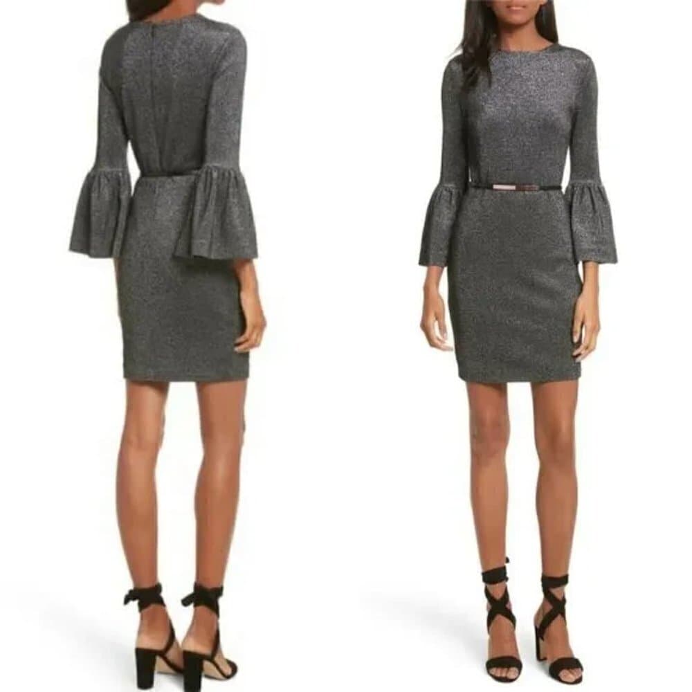Ted BAKER Hanneh Silver Dress Bell Sleeve Sparkle Cocktail Party Size 2 (US 4/6)