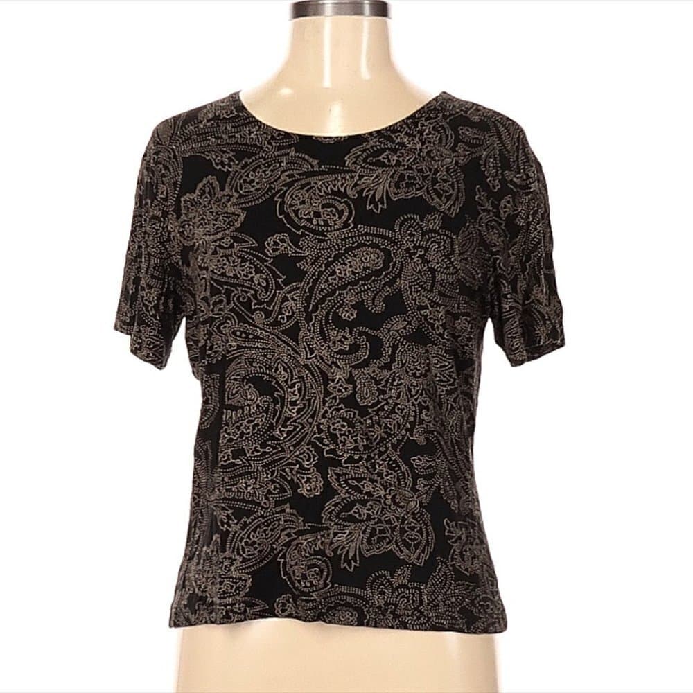 TALBOTS Black & Tan Paisley Print Short Sleeve T-Shirt Size M Petite