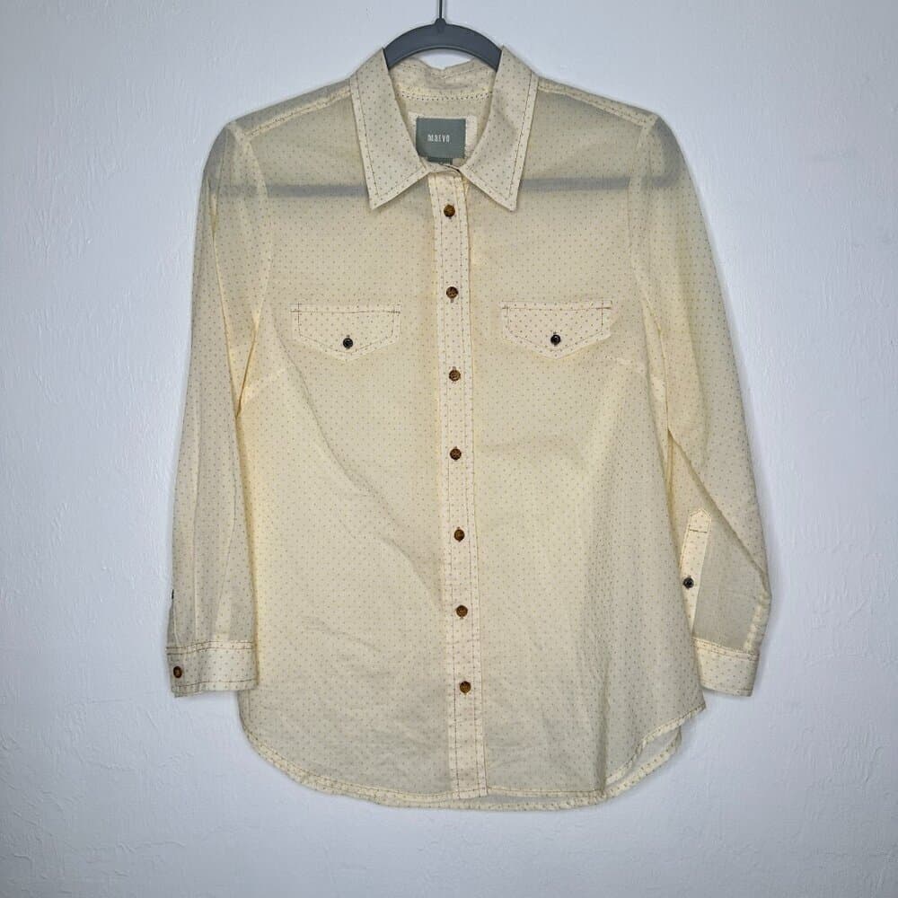 Maeve Anthropologie Shirt Button Up Yellow Textured Polka Dot Long Sleeve Size 6