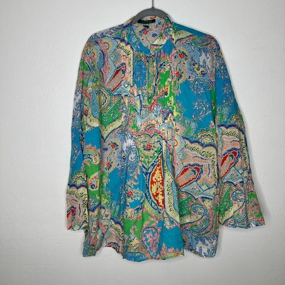 Lauren Ralph Lauren Tunic Top Size 1X Aqua Multicolor Paisley Blouse Lightweight