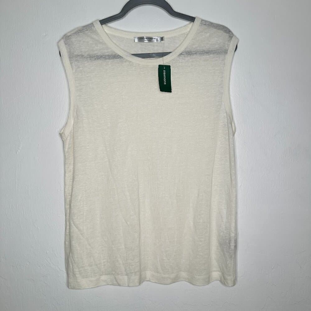 Contemporaine Par Si Mons White Linen Sleeveless Top Size L NEW