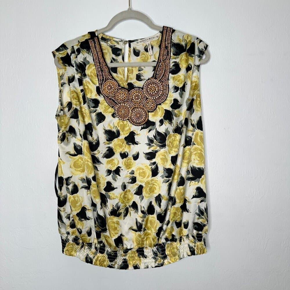 Rebecca Moses Silky Sleeveless Blouse Shirt Top Yellow Roses Beaded Neck Size L