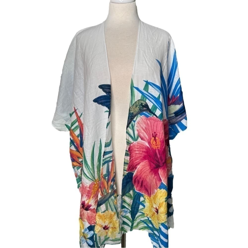 KATE & Mallory Tropical Print Kimono Open Short Sleeve Cardigan One Size