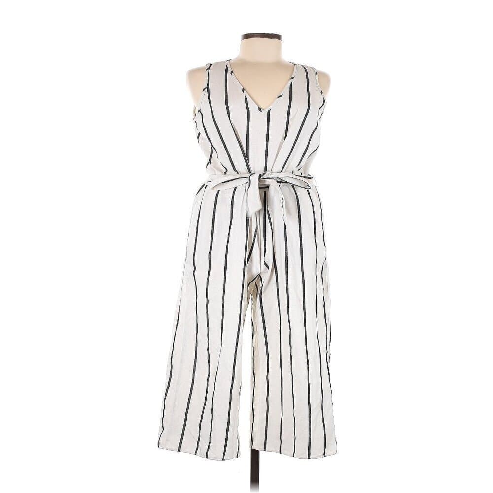 Drew Sleeveless V-Neck White & Blue Stripe Crop Jumpsuit Size S NEW