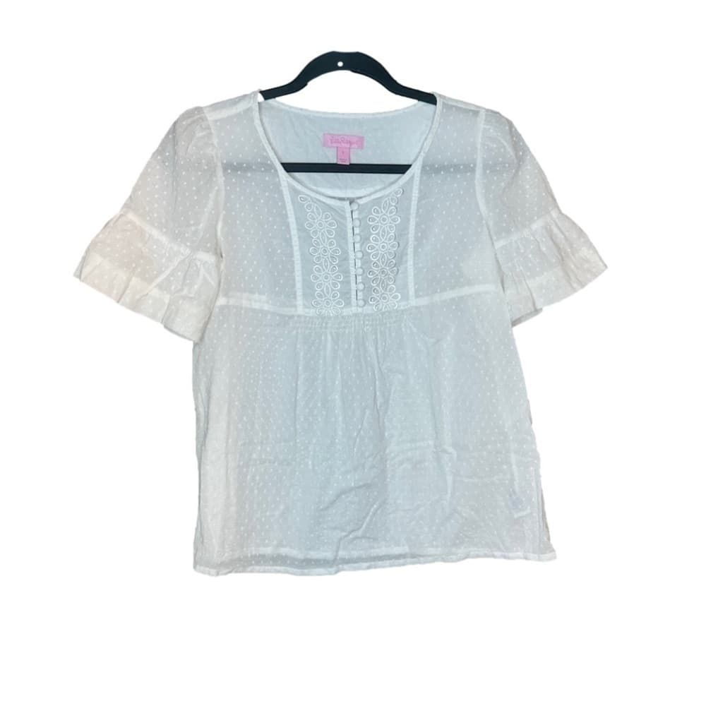 LILLY Pulitzer White Swiss Dot Cotton Embroidered Short Sleeve Blouse Size 0